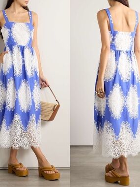 BORGO DE NOR Ninet Embroidered Guipure Midi Dress in Blue Sz UK 6/US 2